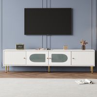 Meuble TV élégant — Finition blanche avec pieds et poignées dorés doté de 2 portes à rainures verticales et de 2 portes vitrées cintrées capacité de charge : 35 kg Meuble TV, support TV, console TV