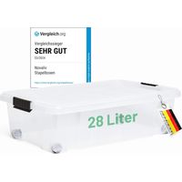 Coffre de rangement sous lit Novaliv à roulettes, couvercle 28L, transparent, emboîtable, empilable, fermeture à clip, coffre de lit à roulettes