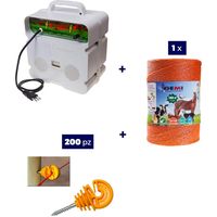 Kit completo per recinto elettrico con 1 x Elettrificatore 220V + 1 x Filo 1000 MT 4 Mm² + 200 pezzi isolatori per paletti in legno - Recinzione Elettrica Rete Elettrica per animali cavalli mucche mai