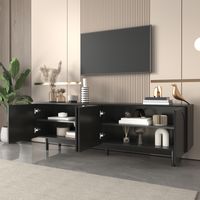 MODFU Mueble de TV negro con 4 puertas, diseño moderno, estantes regulables, estilo lujoso y ligero, MDF y tablero de partículas, 175x38x56cm