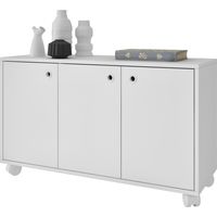 Beaux Meubles Pas Chers – Buffet meuble de rangement blanc 3 portes sur roulettes – Bois certifié FSC – Dimensions 90x53.5x33 cm – Meuble d'entrée multifonction
