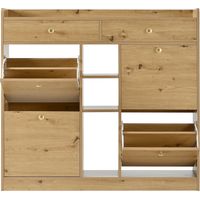 Mobile Scarpiera con 4 Ante a Ribalta, 2 Cassetti e 3 Vani Aperti, Stile Minimalista, in Pannello Truciolare, 110×26×100 cm, Naturale