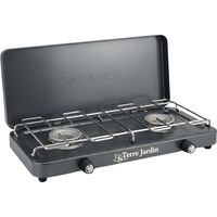 Terre Jardin – Réchaud à gaz 2 feux 2 × 1,6 kW – Couvercle pliable – Acier peint – Brûleurs en aluminium moulé – Pour cuisson en extérieur
