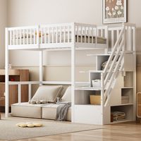 Letto a soppalco in legno bianco 90x200 cm con scale contenitore e rete a doghe inclusa