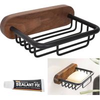 Selbstklebende Seifenschale zur Wandmontage, Seifenhalter für die Dusche aus Walnussholz und Space-Aluminium, Seifenbox ohne Bohren für Küche und Bad, schwarzer Seifenhalter
