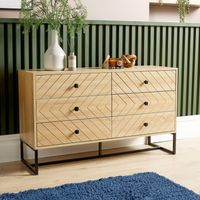 Chest 6 Drawers Aztec Design Oak Effect Metal Legs Bedroom Storage Furniture