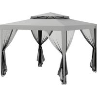 Toldo de jardín 3x3 m con 4 mosquiteras y techo doble, 8 orificios de drenaje, marco de metal gris
