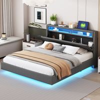 Letto imbottito 160/200 cm grigio di tessuto effetto lino con LED, USB e testata contenitore