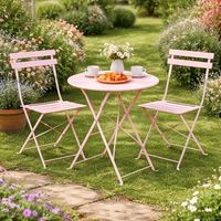 Garden Bistro 3 Piece Outdor Furniture Set Pink Folding Patio Table and Chairs Garden Furniture, Pink Metal Bistro, Round Balcony Table Set, Powder Coated Steel