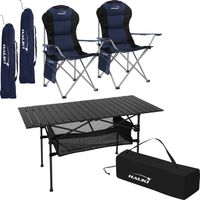 Hauki Campingmöbel Set 3tlg., Campingtisch faltbar Schwarz mit 2 Campingstühlen Blau, Camping-Set für 2 Person mit Tragetasche, Alu Klapptisch mit 2 Angelstuhl, Sitzgarnitur Sitzgruppe Gartenmöbel