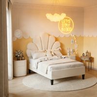 Letto per bambini 90x200 cm in velluto, letto singolo con testiera floreale, rete a doghe, letto imbottito per cameretta