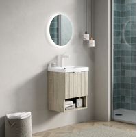 Waschtischunterschrank mit Keramikwaschbecken, Multiplex und Massivholz, Off-White/Weiß, wandhängend mit offenen Fächern