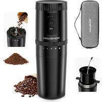 HAUSHOF Machine à Café Portable Tout-en-Un avec Broyeur Intégré, 5 Réglages de Mouture, Rechargeable USB-C, Mug Isotherme 300 ml, Idéale pour Voyage et Camping, Noir