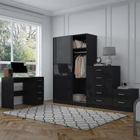 Reflect 2 Door Sliding Wardrobe, 5 Drawer Chest, 2 Drawer Bedside & Desk - Black Gloss & Black Oak - Modern Bedroom Furniture Set