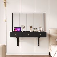 Toeletta sospesa 100x105x45 cm, con specchio, 3 cassetti di stoccaggio, prese elettriche, supporto per tablet e porta-bicchieri – Nero