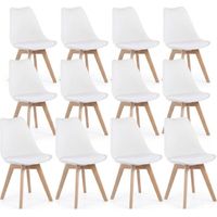 12 Chaises Tulipes Salle à Manger Scandinaves Bm Home Salle de Bureau, Pieds en Bois de Hêtre Massif, BLANCHES