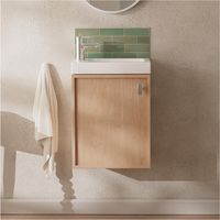 Mob-In – Meuble double vasque MDF décor chêne – Installation simple – Porte réversible avec charnières à fermeture progressive – Vasque céramique incluse