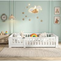 Cama infantil 90x190, Cama individual 90x190, Cama Montessori, Somier de lamas, con barandillas de seguridad y barrera extraíble, Pino macizo, blanco