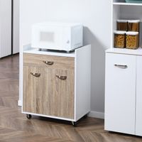 Chariot de cuisine roulant blanc imitation chêne clair, desserte avec tiroir, armoire 2 portes et étagère en bois, meuble de rangement mobile.