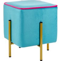 Baroni Home Pouf Poggiapiedi Quadrato in Velluto, Pouf da Salotto Imbottito, Pouf Panchetto per Camera da Letto, Turchese con Bordo Fucsia, 33x33x38 cm