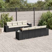 Salon de Jardin 9 Pièces Noir Résine Tressée avec Coussins Crème - Ensemble Modulaire avec Table Acacia et Rangement