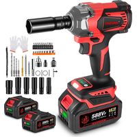 ONEVAN Llave de impacto inalámbrica sin escobillas de 700 Nm, llave de impacto de 4 velocidades de 1/2" con dos baterías - Roja con 44 accesorios