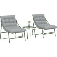Ensemble bistrot de jardin 3 pièces. salon de jardin extérieur avec 2 chaises. table basse et coussins. gris clair