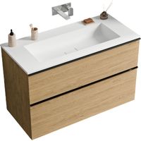 Unterschrank Bernstein LAVOA 100 cm mit Mineralguss Waschbecken BRUXELLES - Griff Chrom, Badmöbelfarbe Eiche Honiggold, Waschbecken Weiß matt ohne Hahnloch