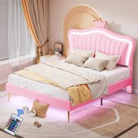 Lit enfant 140x200 cm avec LED intégrées, sommier à lattes et dossier inclus, cadre de litchambre de fille, matelas non inclus, Rose - BATDTECH