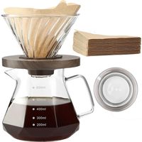 Caffettiera Pour Over, caraffa in vetro borosilicato da 600 ml con filtro in carta misura 02 (100 fogli), manico in noce e coperchio per caffettiera, trasparente