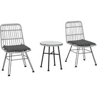 Set di Tavolo e Sedie da Giardino da 3 Pezzi in Rattan PE e Acciaio, Set Bistrò da Giardino con Tavolino da Caffè con Piano in Vetro e 2 Sedie, per Balcone Patio Cortile Esterno, Grigio