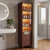 Vitrine Haute 40x35x165 cm en Bois avec LED, Porte en Verre, 2 Tiroirs et Poignées Dorées, Style Rétro
