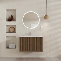 Mueble de Baño 2 cajones 80 Roble y Negro - Lavabo Blanco - Espejo LED 70