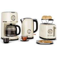 Klarstein Victoria Vollständiges Frühstücksset Toaster 2 Scheiben mit Brötchenaufsatz, Wasserkocher 1,7L, Filterkaffeemaschine 12 Tassen, Retro Design, Warmhaltefunktion, Cream
