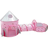3 in 1 Kids Play Tent Crawl Tunnel and Ball Pit with Basketball Hoop Rocket Space Tent for Kids with-Pink
