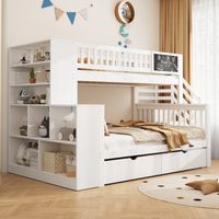 Etagenbett aus Kiefernholz Weiß 90x200/140x200 cm mit Treppe, Stauraum und Tafel
