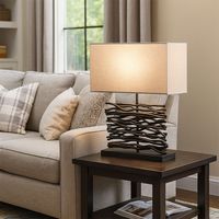 Lampada da tavolo LED Lampada da tavolo Lampada laterale Lampada di legno Lampada da scrivania Lampada da soggiorno, legno nero tessuto grigio, 10,5W 1055 lumen bianco caldo, H 50 cm