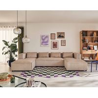 Lisa Design – Canapé panoramique en U 7 places – Velours côtelé grosses côtes beige – Confort modéré – Dimensions 327x176 cm