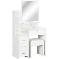 Tocador maquillaje 4 cajones 4 compartimentos con taburete y espejo 80x38x143 cm blanco