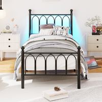 Cadre de lit métal 90x200cm vintage LED USB, sommier lattes acier renforcé, rangement sous lit, noir