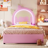 Lit rembourré 90 x 200 cm, avec bandeau lumineux, avec 2 tiroirs, forme licorne, pu, rose