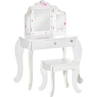 HOMCOM Tocador Infantil con Taburete y Espejo Ajustable, Tocador para Niñas con Cajón, Mesa de Maquillaje para Niños y Niñas de 3-6 Años, Blanco