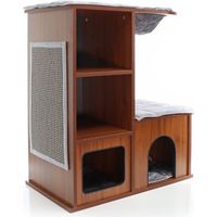 Fudajo Casetta gioco per gatti Design in legno marrone con cuscini e tappetino tiragraffi in sisal