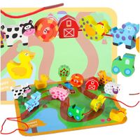 Wooden Threading Blocks Set, 12 Farm Animals Board