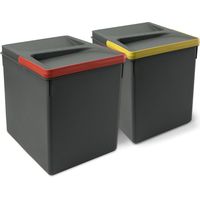 Emuca – Bac de tri sélectif pour tiroir de cuisine 2x15L – Hauteur 266mm – Plastique gris antracite – Poignées colorées pour identification