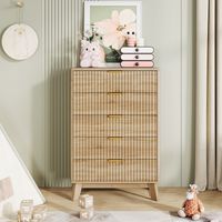 Commode 5 tiroirs 73x40x108 cm – Structure bois massif – Finition rotin naturel – Style bohème scandinave – Idéal chambre, salon, entrée et bureau