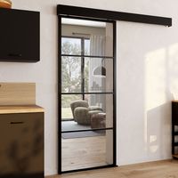 Kit de puerta corredera de cristal templado de 83 cm en metal + MDF con riel y fijaciones