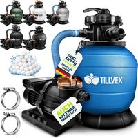 tillvex® Sandfilteranlage Pool AquaBlack Pro 13.200L/h bis 40.000L + 1200g Filterbälle Filteranlage 7-Wege Ventil & 2in1 Adapter Ø32-38mm Poolfilter Selbstansaugend Sandfilter Schwimmbecken