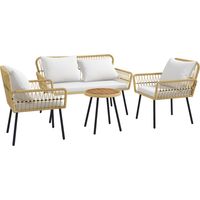 Conjunto de jardim 4 peças com sofá de 2 lugares,2 cadeiras,7 almofadas e mesa baixa redonda em rattan