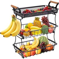 Trintion 3-Tier Metal Fruit Basket with 3 Banana Hangers Rustproof Countertop Kitchen Organizer for Fruits, Vegetables, Bread, Snacks & Pantry Storage Space-Saving Wire Mesh